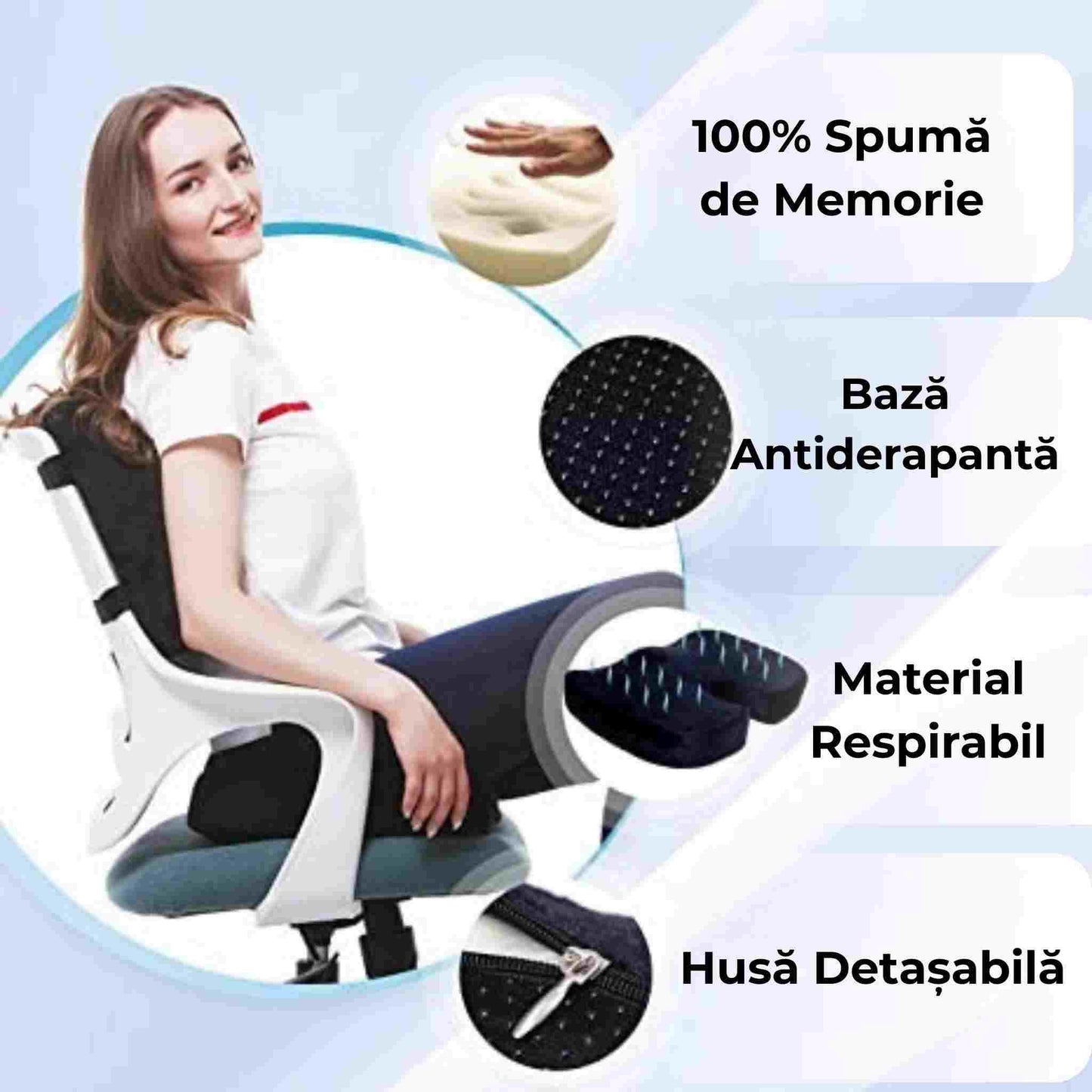 Set Perna Ortopedica pentru Sezut si Perna Lombara, Imbunatateste Postura, pentru Birou si Masina, Spuma cu Memorie, Negru