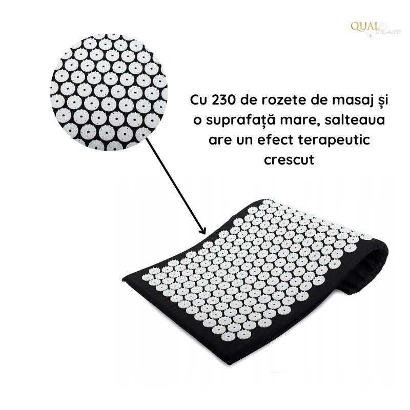 Covoras Presopunctura, Ideal Pentru Ameliorarea Durerilor de Spate, Detensionare Musculara si Relaxare, 230 de Capete de Presiune, Bumbac, 65x41 cm, Negru/Alb