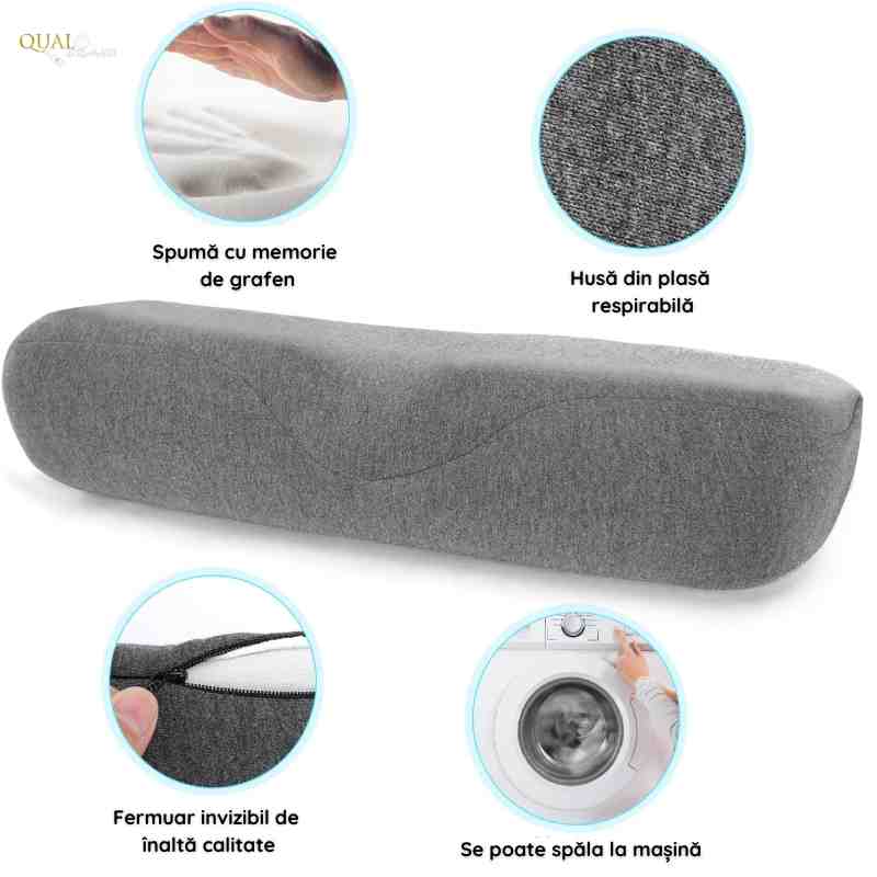 Perna Cervicala din Spuma cu Memorie, Pentru Dormit, Cu Contur Ergonomic, Material Respirabil, Ideala pentru Somn Odihnitor 50X18X9.5 CM, Gri