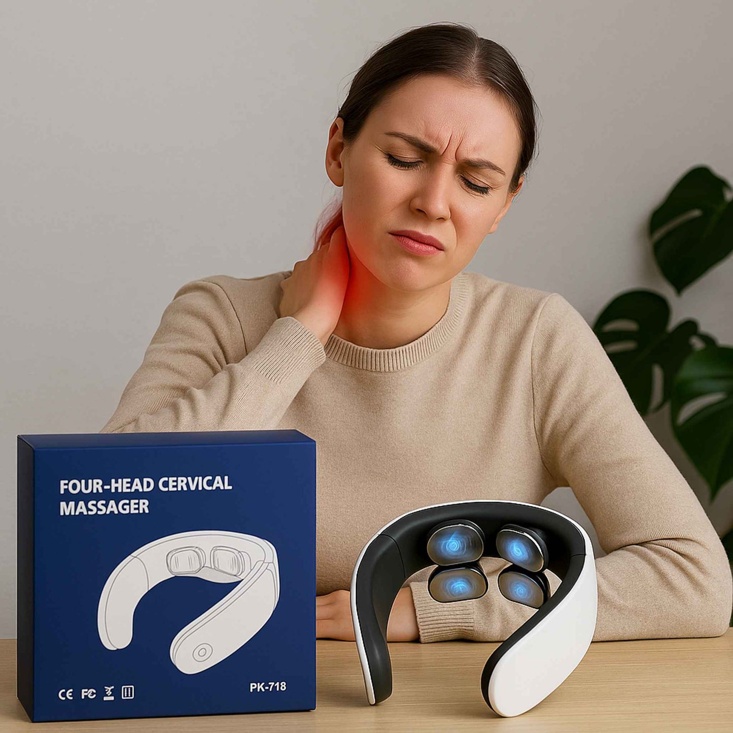 Aparat Masaj Cervical , Impuls Electromagnetic, Functie incalzire, 4 Electrozi, Intensitate Ajustabila, USB, Alb