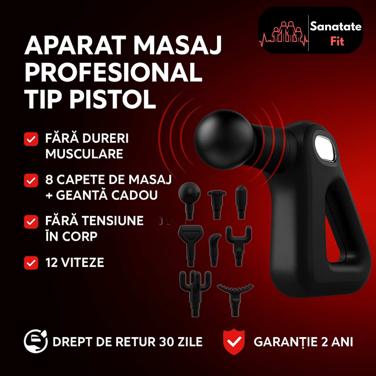Aparat de Masaj Profesional Tip Pistol, 12Viteze, 8 Capete interschimbabile, Anti Dureri