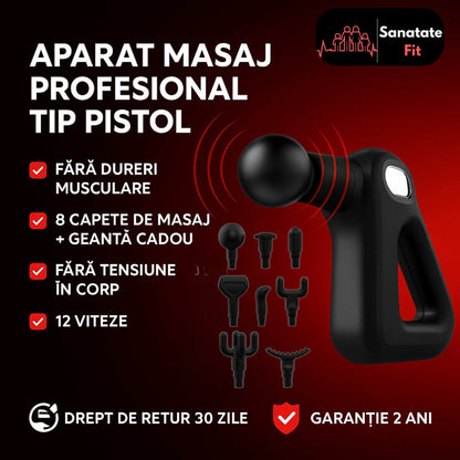 Aparat de Masaj Profesional Tip Pistol, 12Viteze, 8 Capete interschimbabile, Anti Dureri