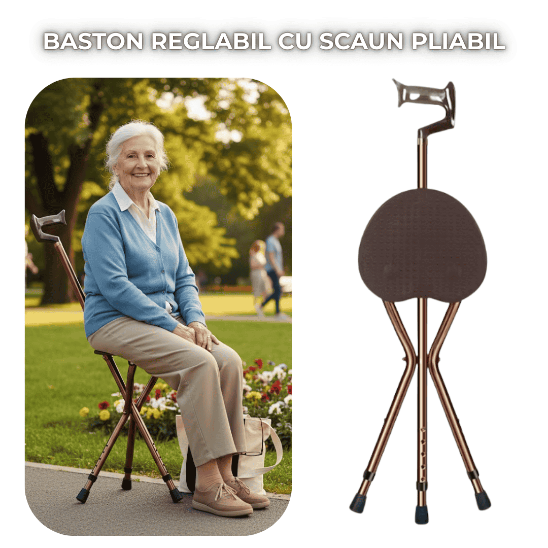 Baston Relabil din Inox cu Scaun Pliabil, 86-96 cm lungime.