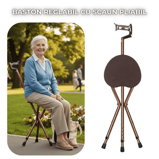 Baston Relabil din Inox cu Scaun Pliabil, 86-96 cm lungime.