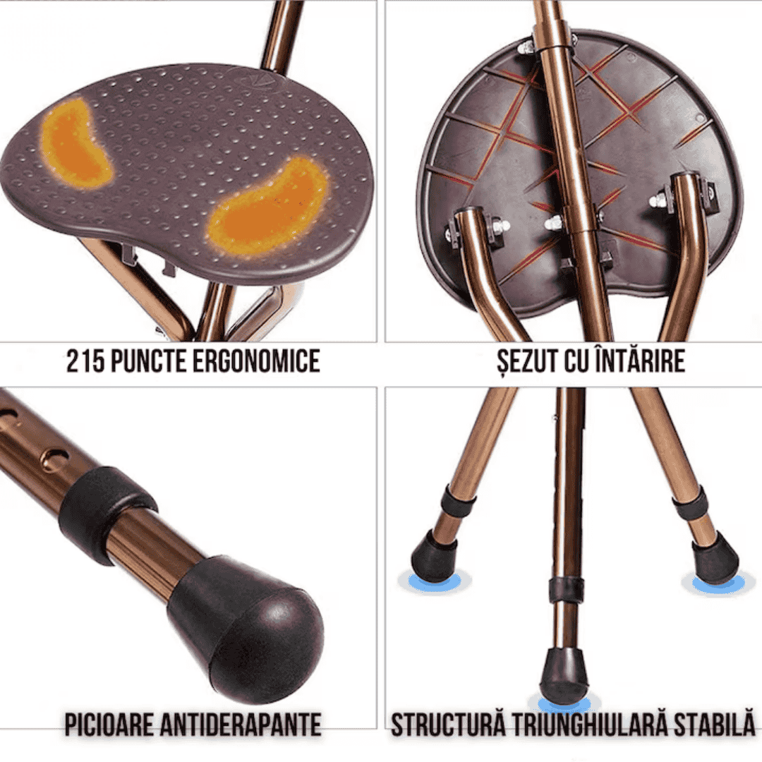 Baston Relabil din Inox cu Scaun Pliabil, 86-96 cm lungime.