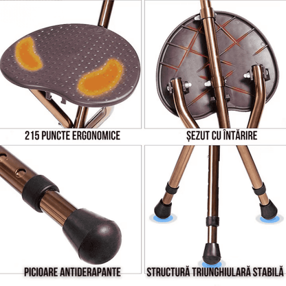 Baston Relabil din Inox cu Scaun Pliabil, 86-96 cm lungime.