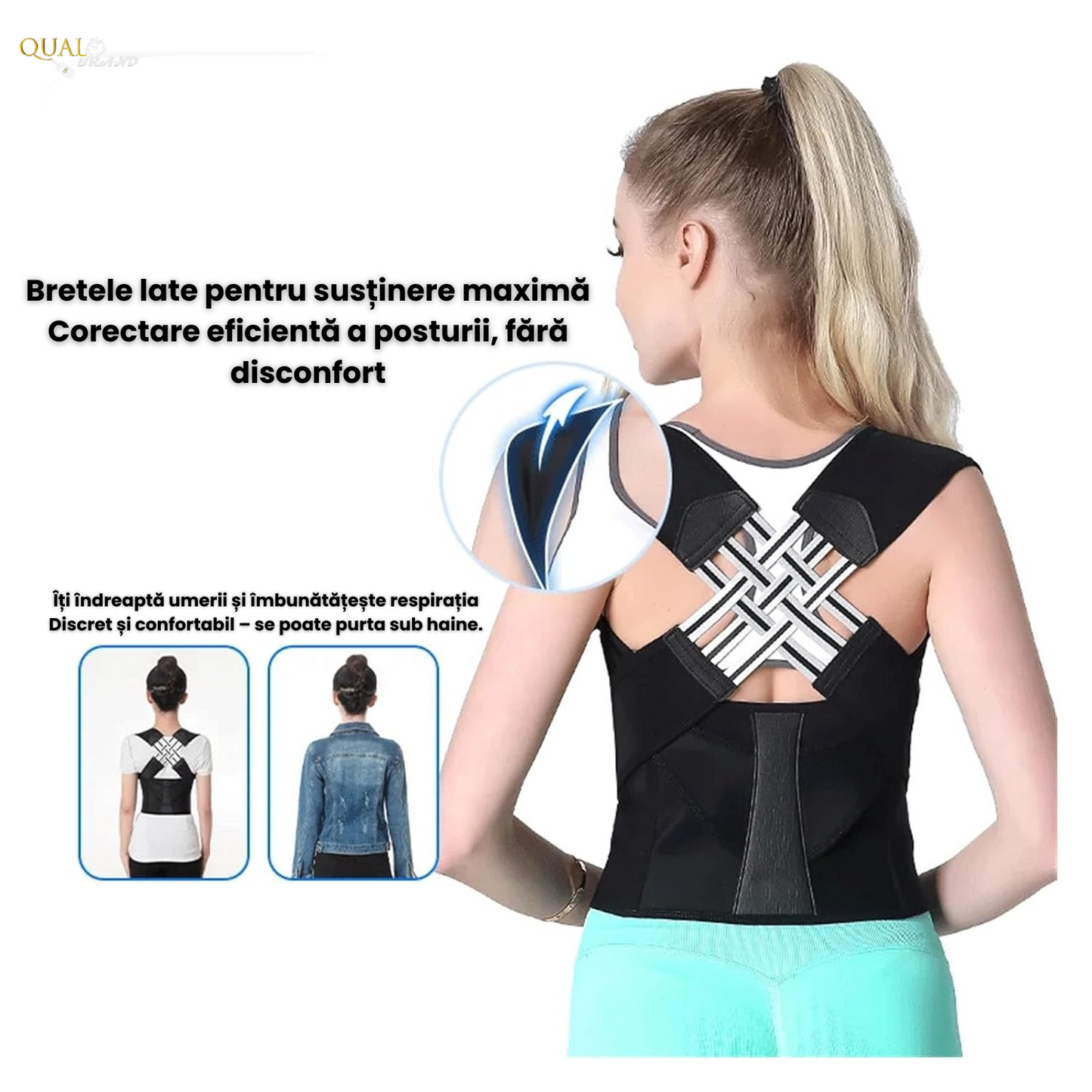 Corector Postura, Anti-Cocoasa, Material Flexibil, Presiune Reglabila, Postura Corecta si Eliminare Dureri de Spate, Negru