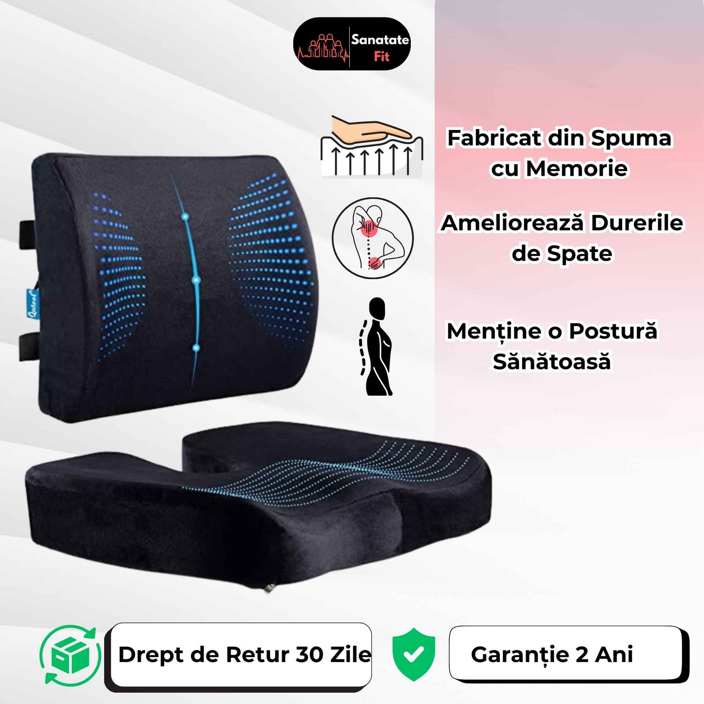 Set Perna Ortopedica pentru Sezut si Perna Lombara, Imbunatateste Postura, pentru Birou si Masina, Spuma cu Memorie, Negru
