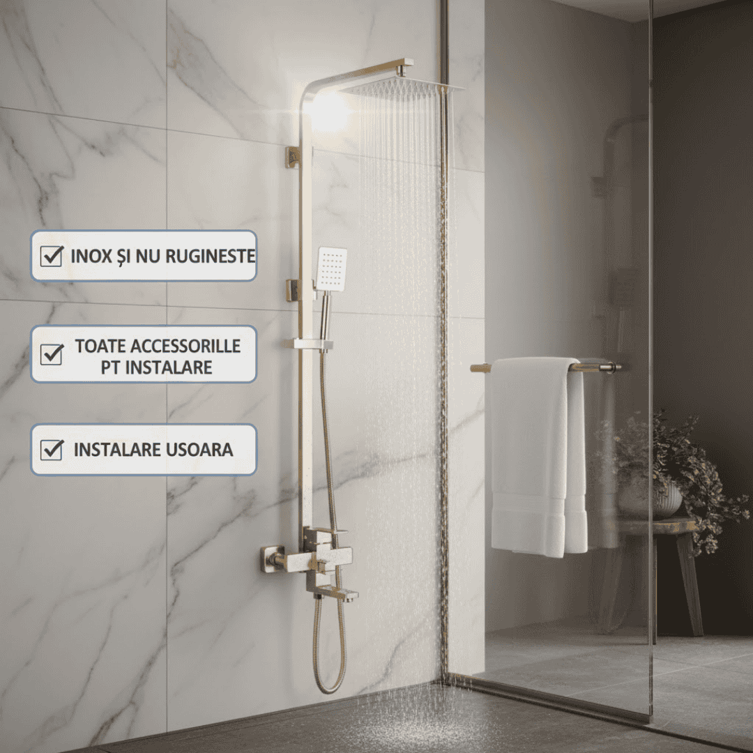 Set de Dus LUX cu Kit complet de Instalare, 30 cm para, Fabricat din Otel Inoxidabil