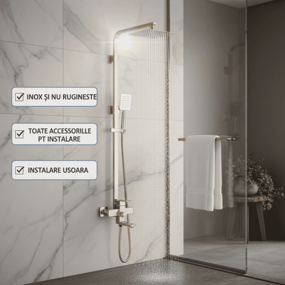 Set de Dus LUX cu Kit complet de Instalare, 30 cm para, Fabricat din Otel Inoxidabil