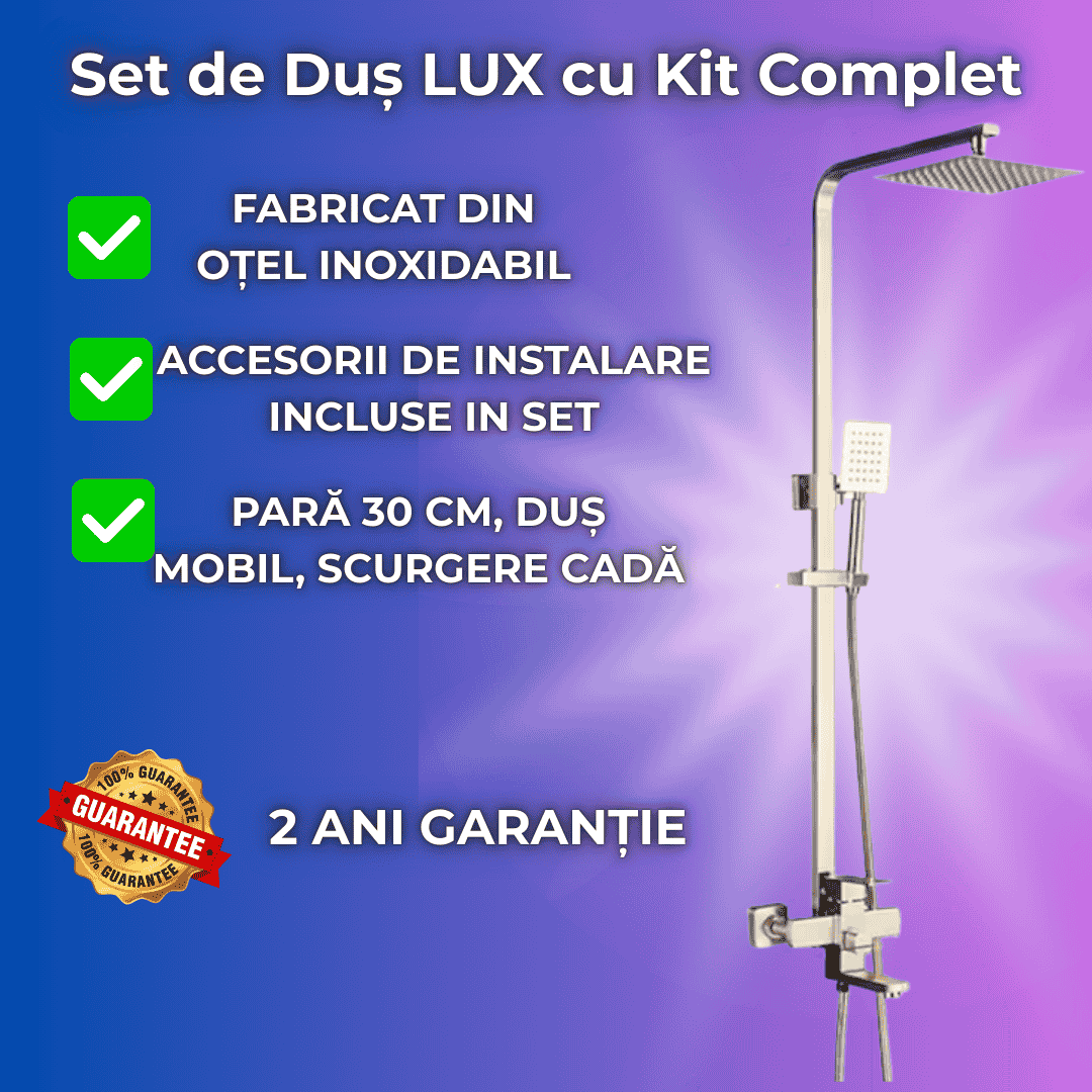Set de Dus LUX cu Kit complet de Instalare, 30 cm para, Fabricat din Otel Inoxidabil