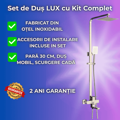 Set de Dus LUX cu Kit complet de Instalare, 30 cm para, Fabricat din Otel Inoxidabil