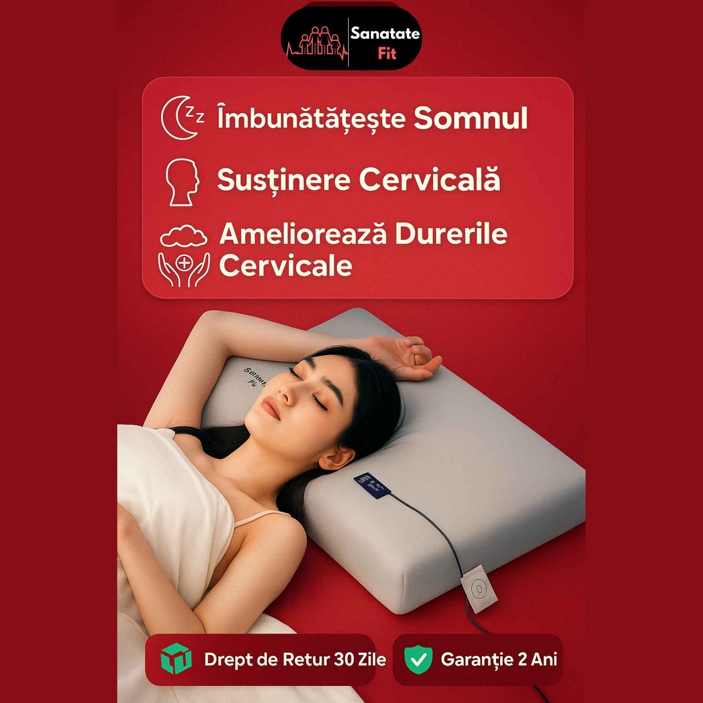Perna Ortopedica pentru Dormit din Spuma cu Memorie, Pentru Suport Gat și Cervical, Funcție de Păstrarea Temperaturii, Dimensiune 70x42x10 cm, Alba